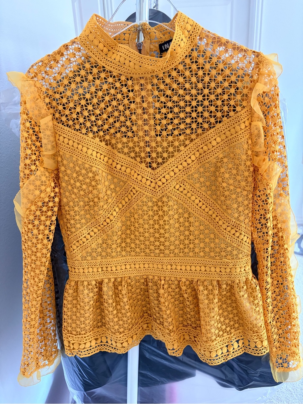 NWOT Ina Mustard Yellow Crochet Lace Peplum Blouse Small